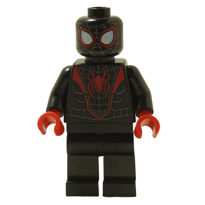 LEGO minifigure of Spider-Man (Miles Morales) in a dark bluish gray webbing on head, with red hands and a black suit with a red spider emblem.