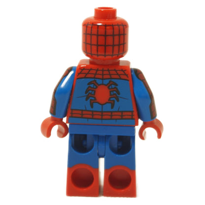 Back view of Spider-Man minifigure with printed arms, red boots, and blue suit featuring large red spider emblem on torso