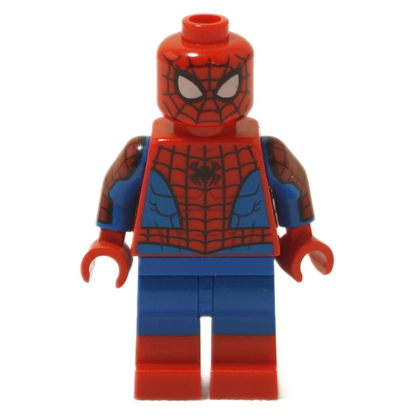 LEGO Spider-Man minifigure with red boots, blue and red suit, and webbing details on the arms.