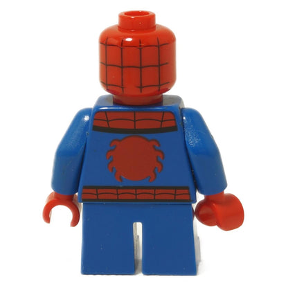 Back view of Spider-Man minifigure with short legs, red and blue suit, and web pattern torso print