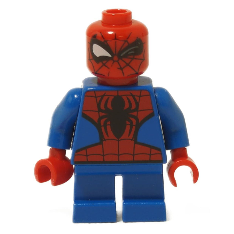 LEGO minifigure of Spider-Man with a red and blue suit and a winking expression.