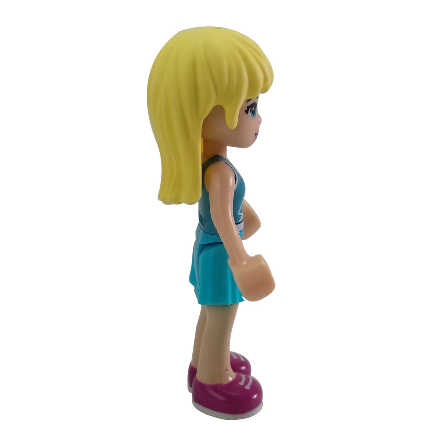 LEGO Stephanie minifigure frnd0251 with matching azure top and skirt, side view