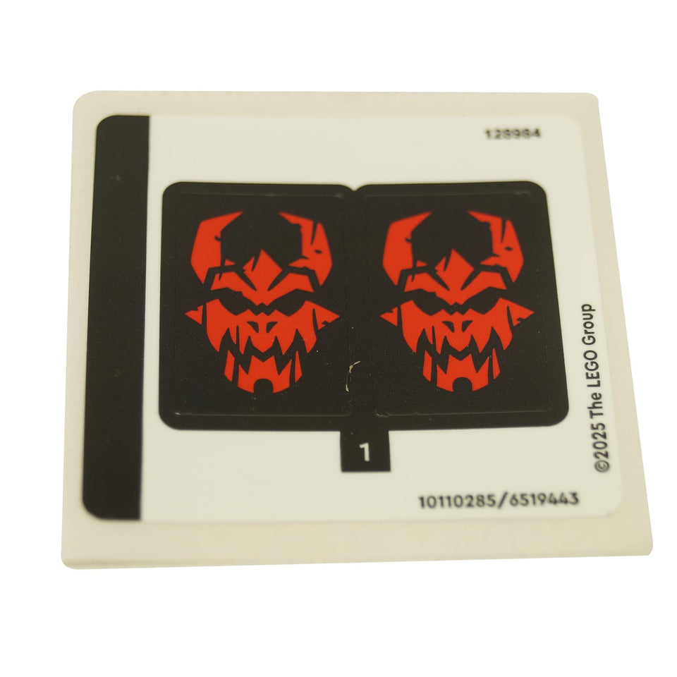 Sticker sheet for set 71841 featuring two red demon face graphics on black background, unused decals shown on backing
