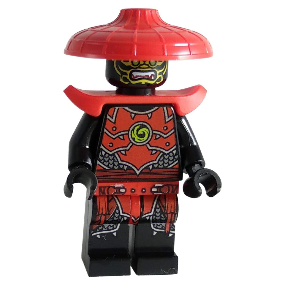 Stone Army Scout Legacy minifigure njo0507 with yellow face, red conical hat, black and red armor print, and black legs