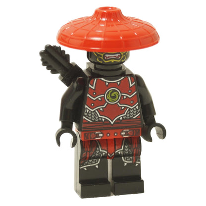 LEGO Stone Army Scout minifigure with red conical hat, black quiver, and red and black armor.