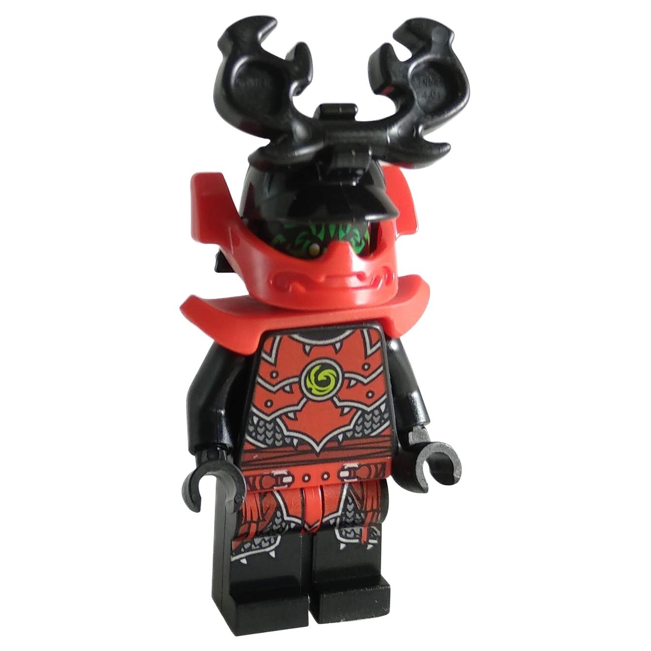 Stone Army Warrior Legacy minifigure njo0508 with green face, black horned helmet, red shoulder armor, and black and red armor print