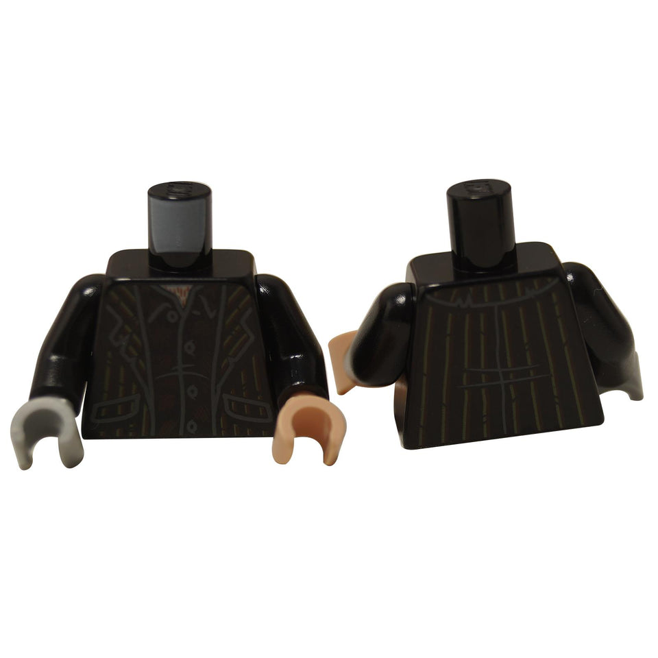 Minifigure torso with striped suit print, black arms, light nougat hands, and bluish gray hands.
