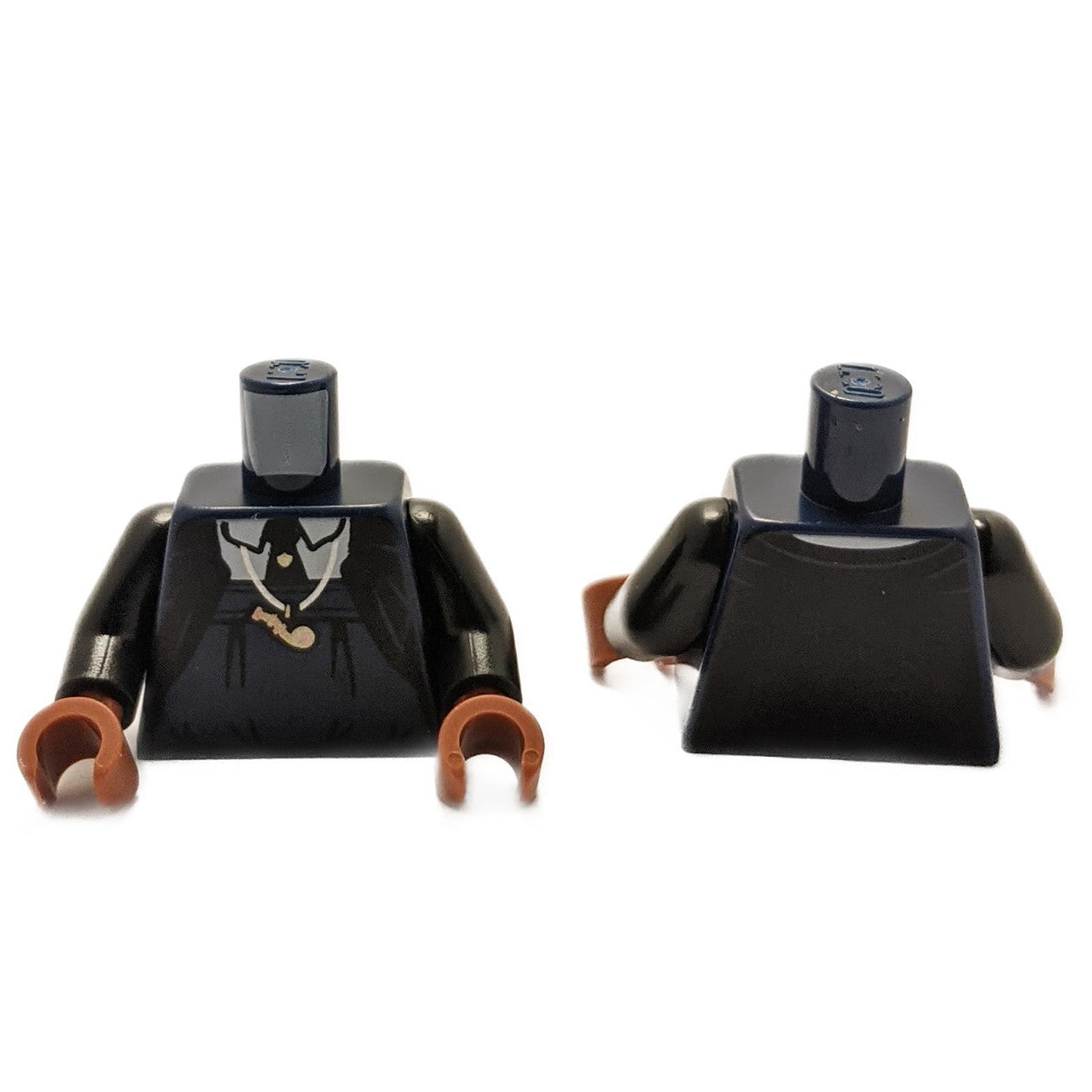 LEGO® minifigure torso with suit print, white shirt, black tie, gold whistle necklace, black arms, dark orange hands, and rear collar detail