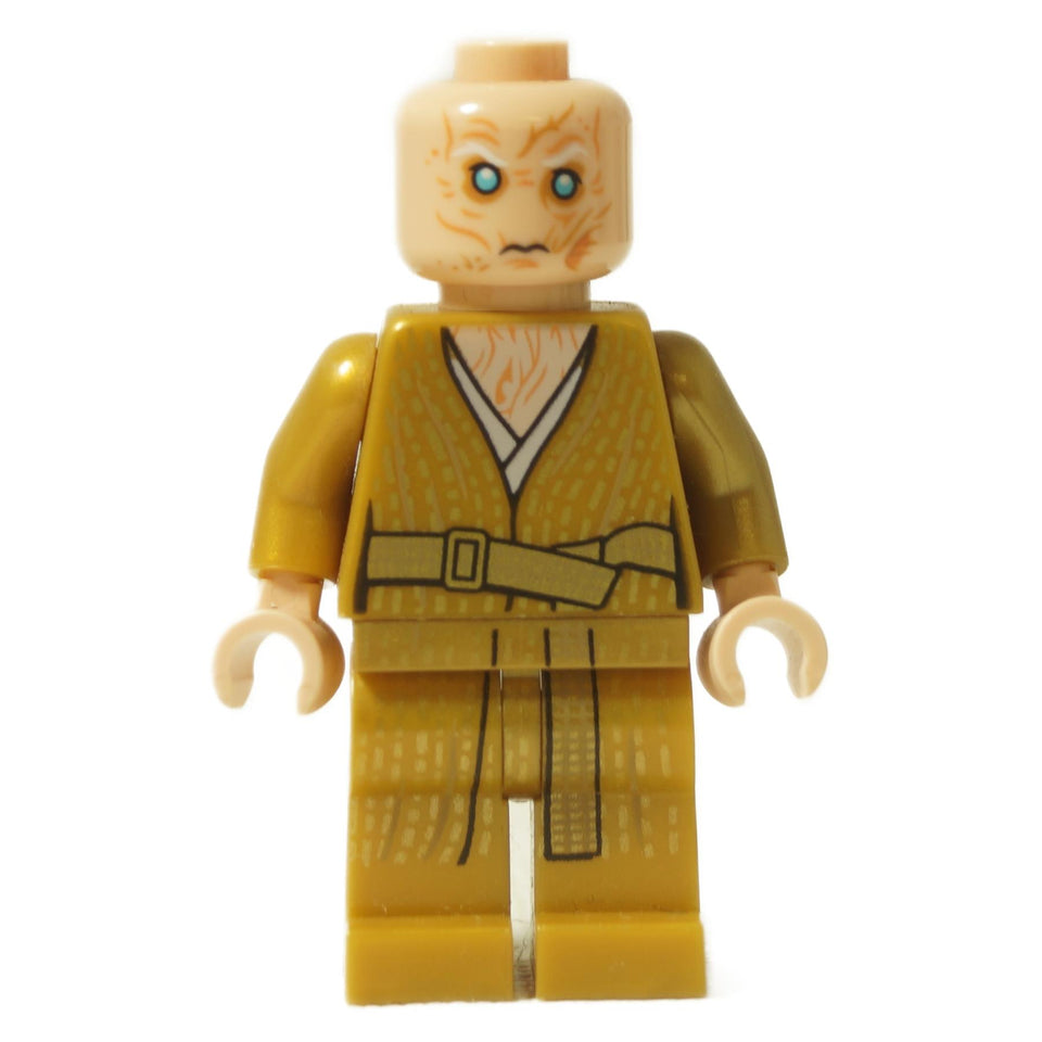  Minifigura de LEGO Star Wars Supreme Leader Snoke vista de frente. La figura tiene una cabeza pálida y marcada y lleva una túnica detallada en oro perla.