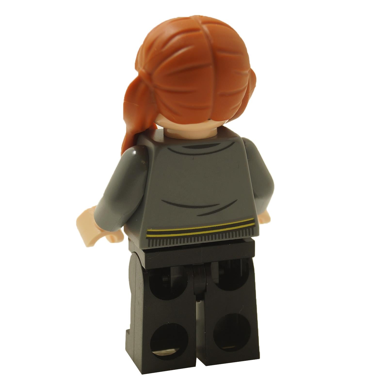 Back view of LEGO® Harry Potter Susan Bones minifigure hp406 wearing a Hufflepuff cardigan sweater and black legs
