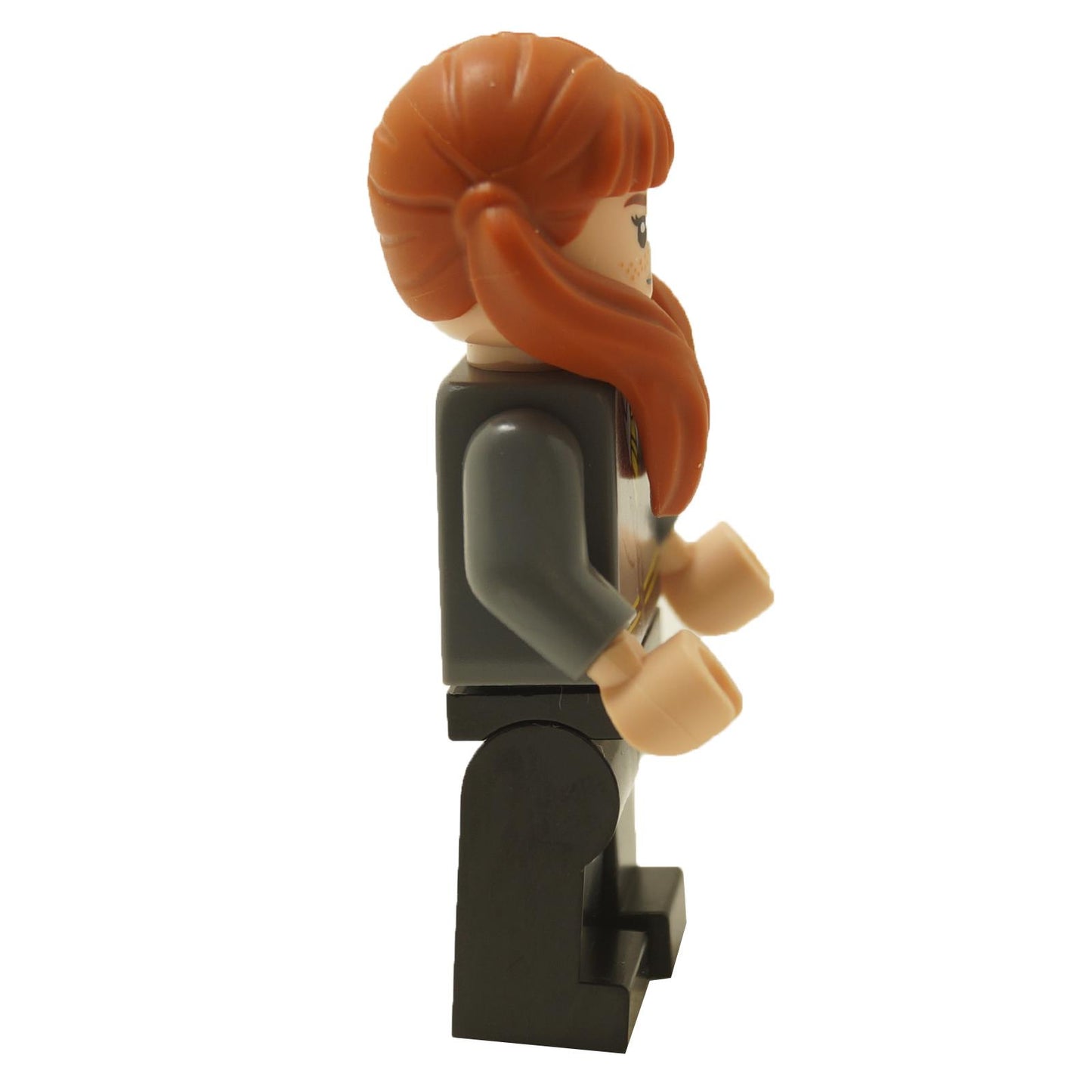 Side view of LEGO® Harry Potter Susan Bones minifigure hp406 wearing a Hufflepuff cardigan sweater
