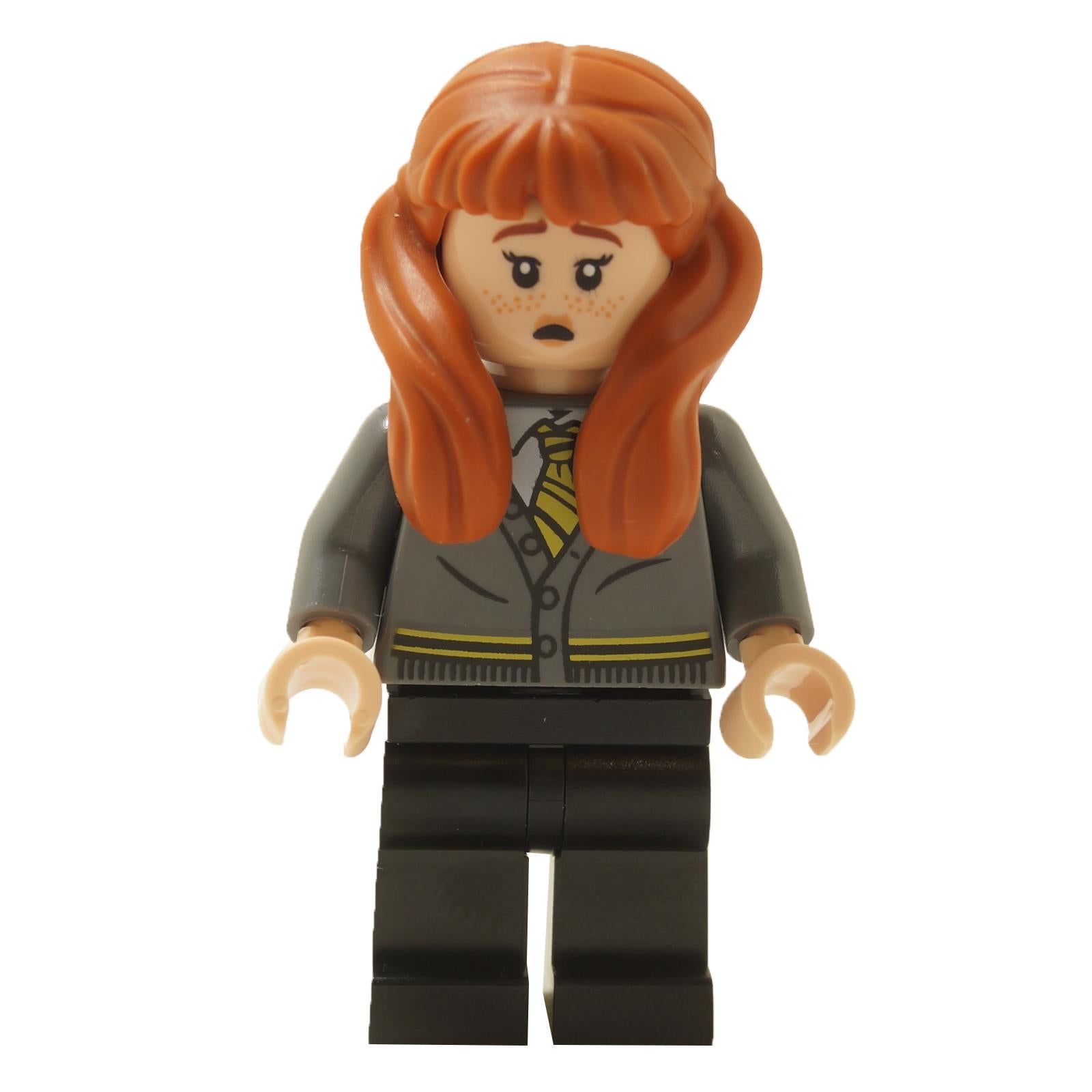 LEGO® Harry Potter Susan Bones minifigure hp406 wearing a Hufflepuff cardigan sweater with worried facial expression
