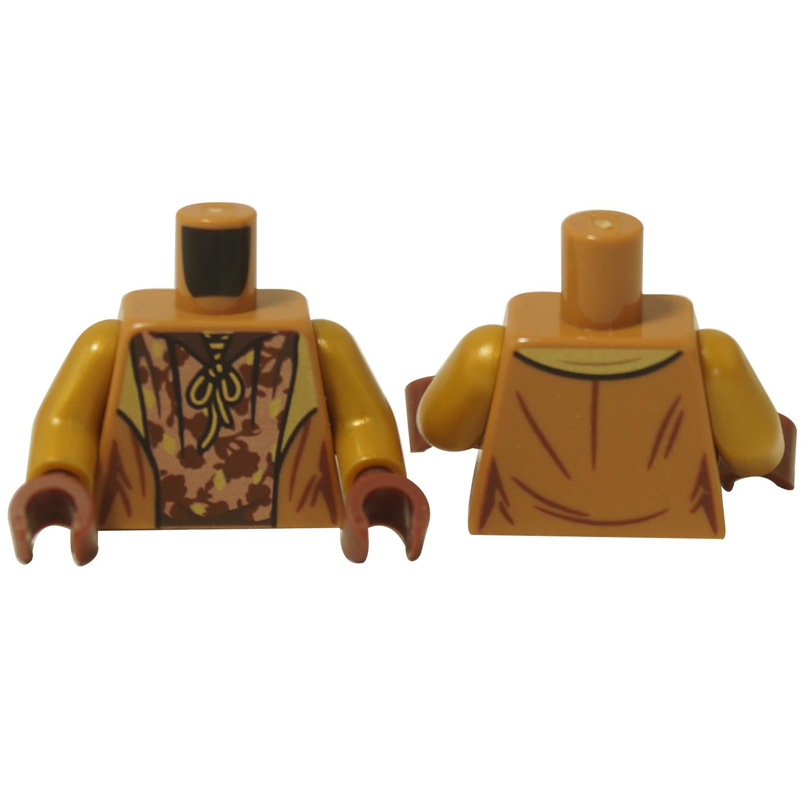 Přední a zadní pohled na trup LEGO® pro Susan Bones™ (973pb4378c01), s vyobrazením středně nugátového saka přes měděnou košili s červeno-hnědým listovým vzorem.