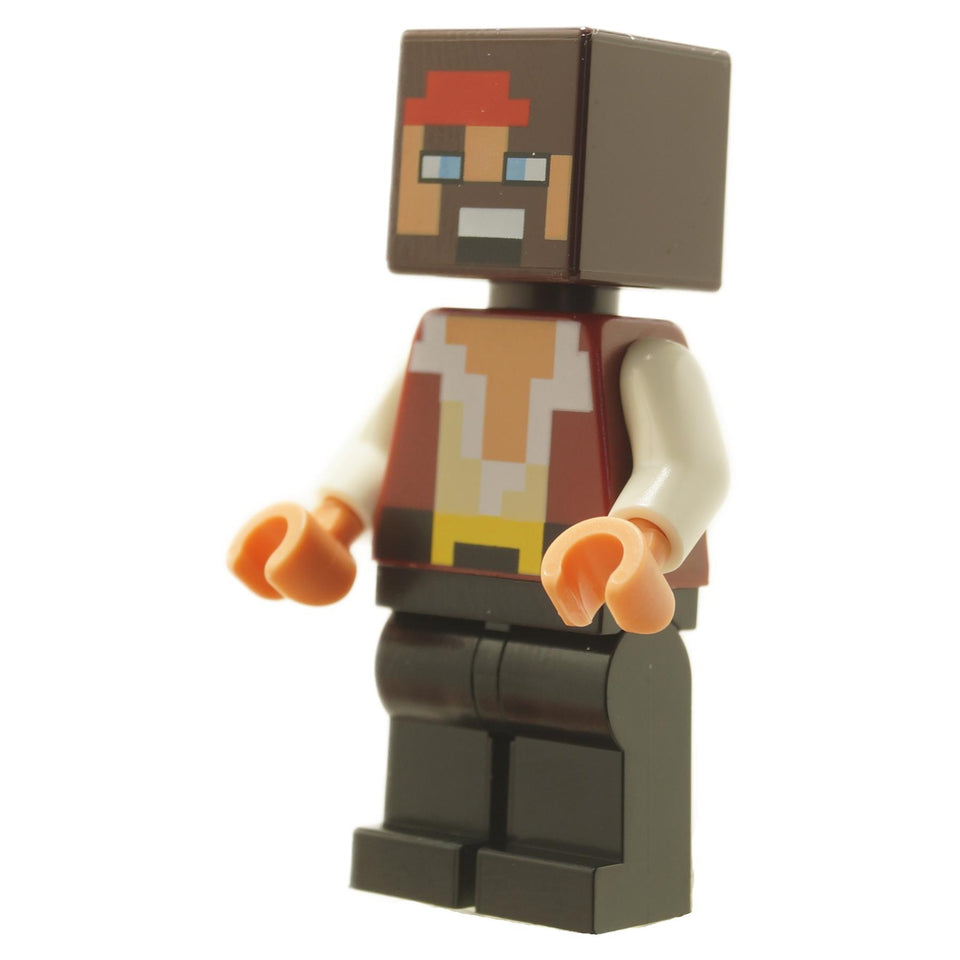 LEGO® Minecraft Swashbuckler Minifigure with pixelated design, wearing a red bandana and a pirate outfit, standing against a white background.
