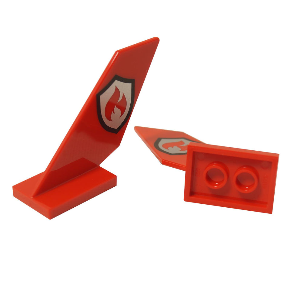 LEGO® Red Tail Fin with a silver and black fire department shield logo, shown from multiple angles.