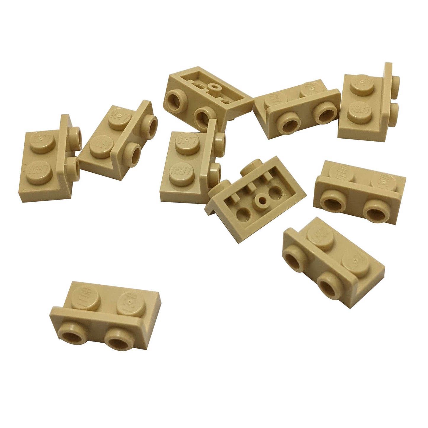 Tan inverted bracket 1 x 2 - 1 x 2 part 99780, offset building element for compact SNOT construction
