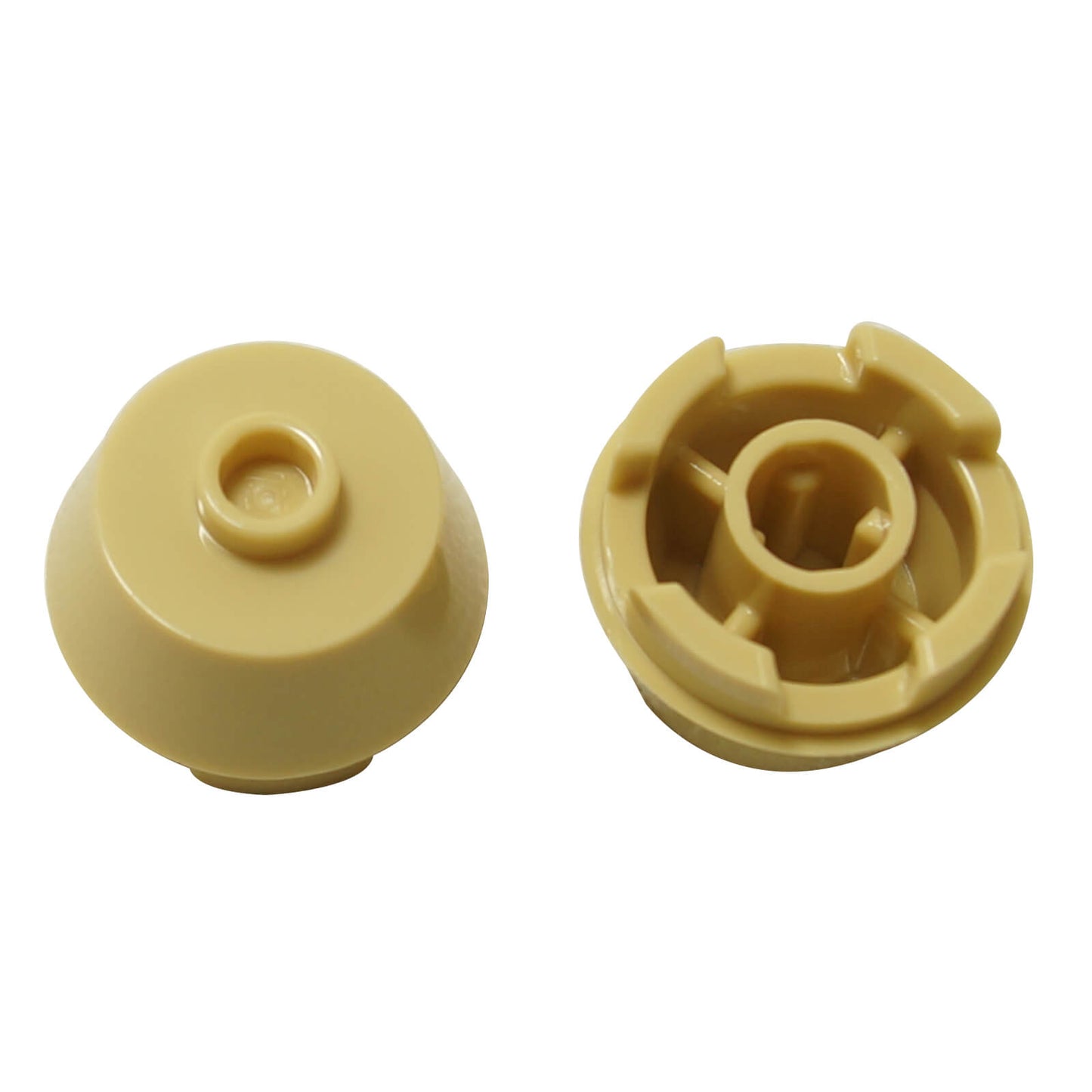 Two tan LEGO Cone 2x2 Truncated pieces (98100), one showing the top and one showing the hollow bottom.