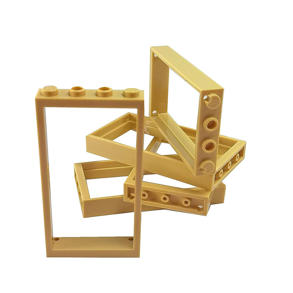 Group of tan LEGO Door Frame 1x4x6 Type 2 pieces (60596) shown from various angles.