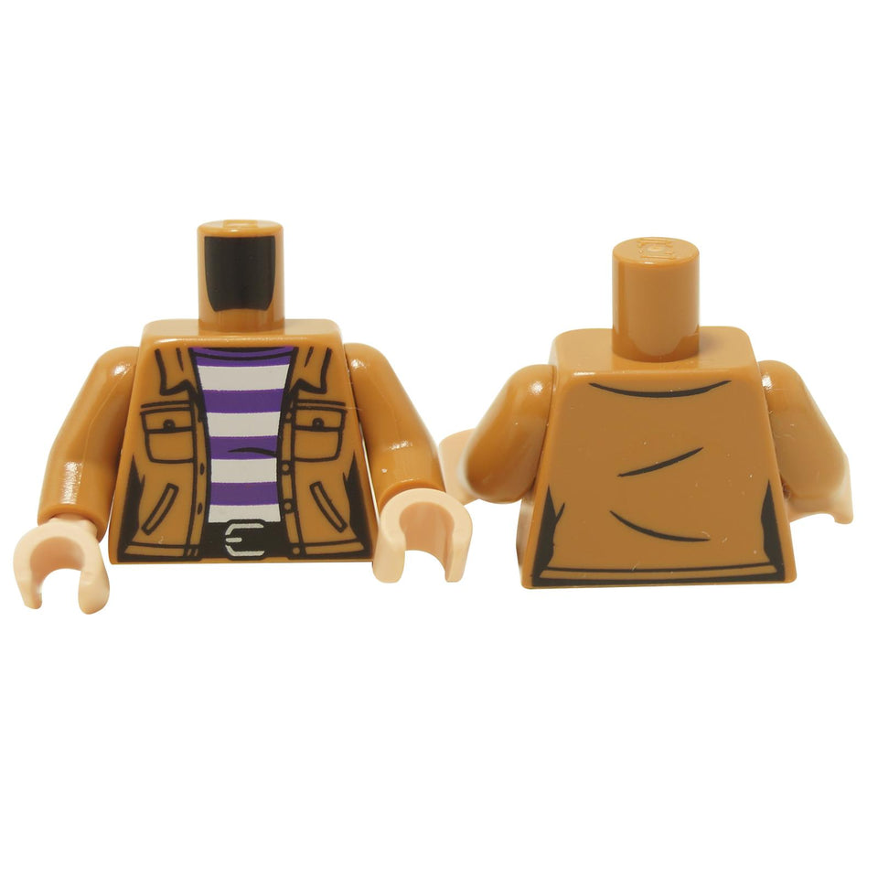 Tan female minifigure torso with jacket print, striped shirt and belt detail, shown front and back on white background
