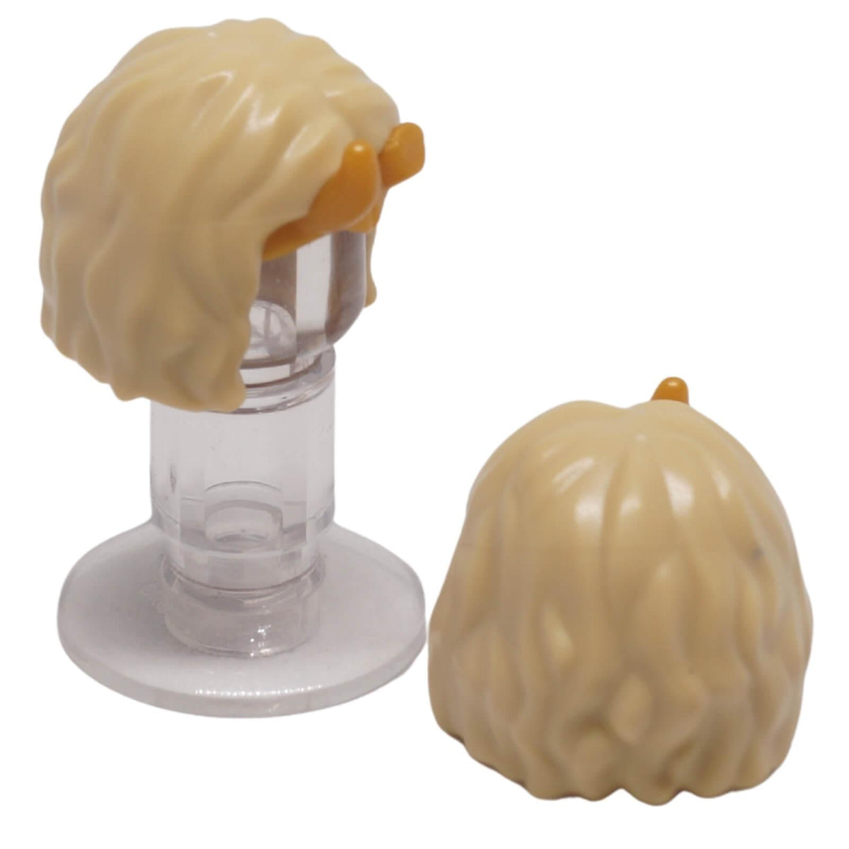 Tan LEGO® female short hair part 78915pb01 shown front and back with centre part, pearl gold tiara and one broken horn