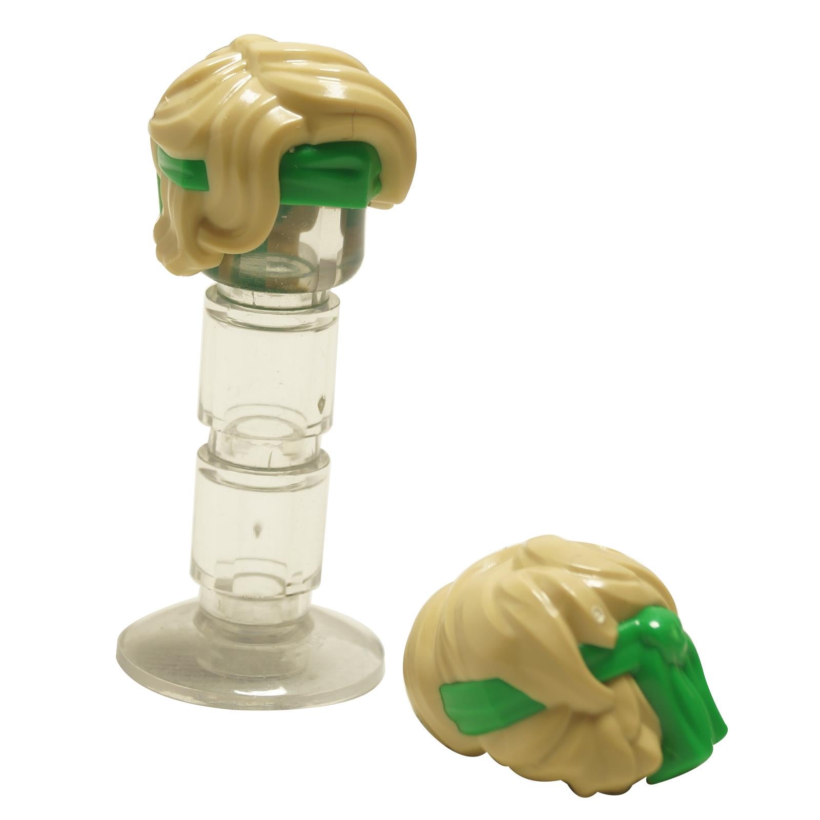 LEGO minifigure hairpiece with tan-colored tousled hair and a bright green bandana headband.