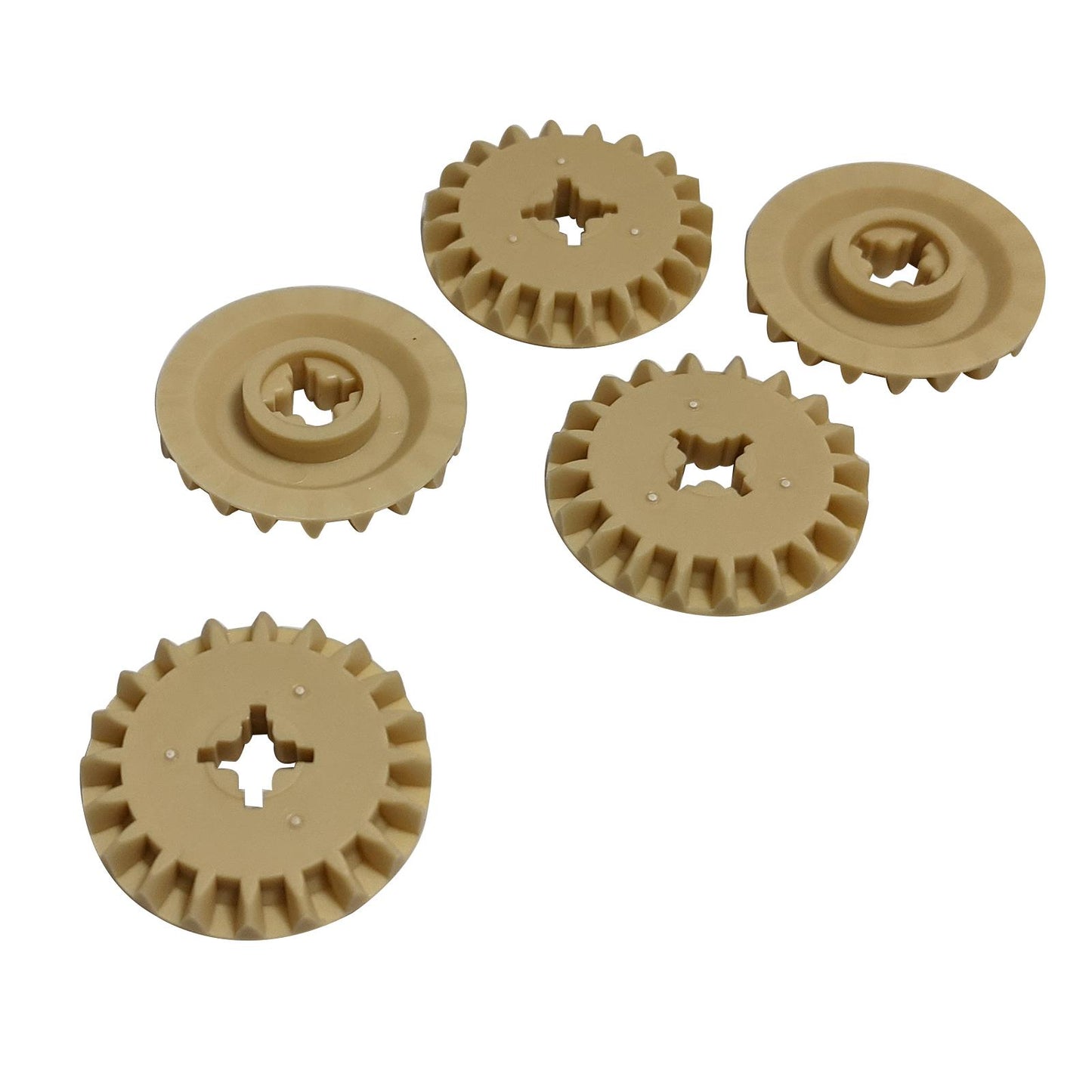Small group of tan LEGO Technic 20 Tooth Bevel Gears (32198) showing their angled teeth structure.