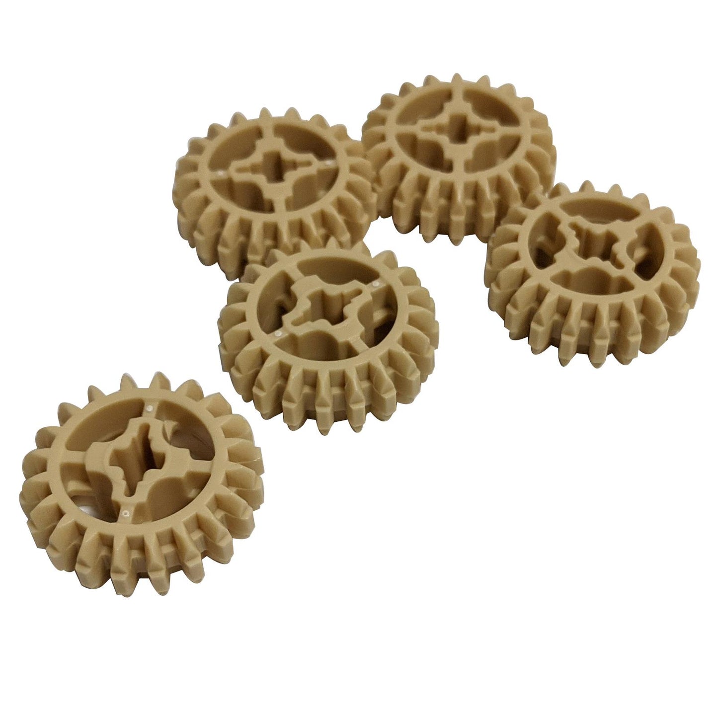 Un pequeño montón de cinco engranajes de doble bisel de 20 dientes LEGO Technic (32269) mostrados sobre fondo blanco.