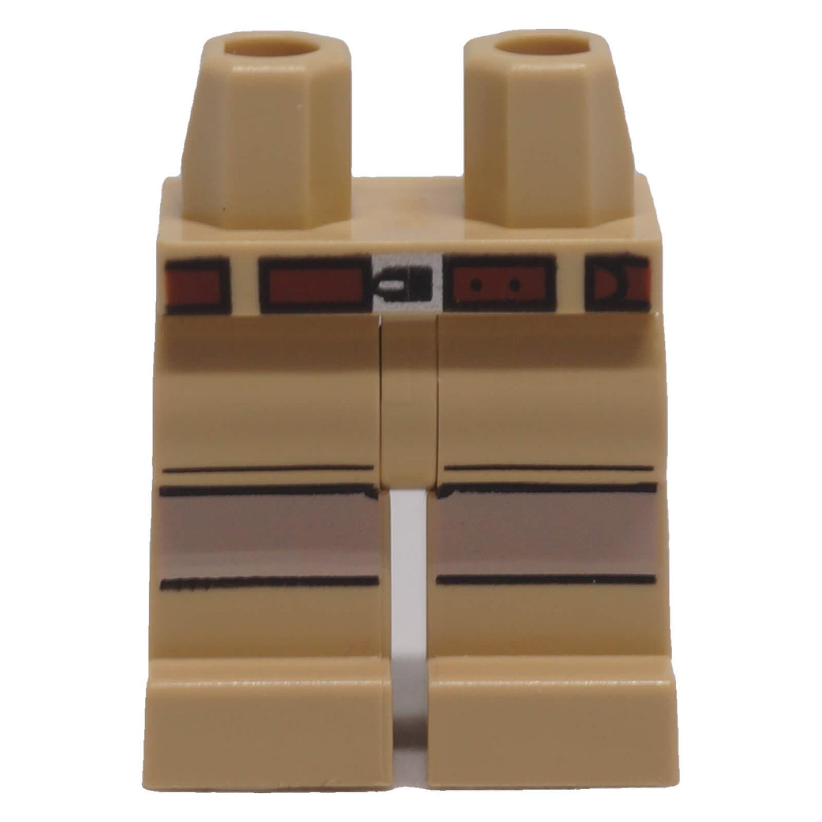 Front view of tan LEGO minifigure legs with reddish brown belt and light nougat knee printing
