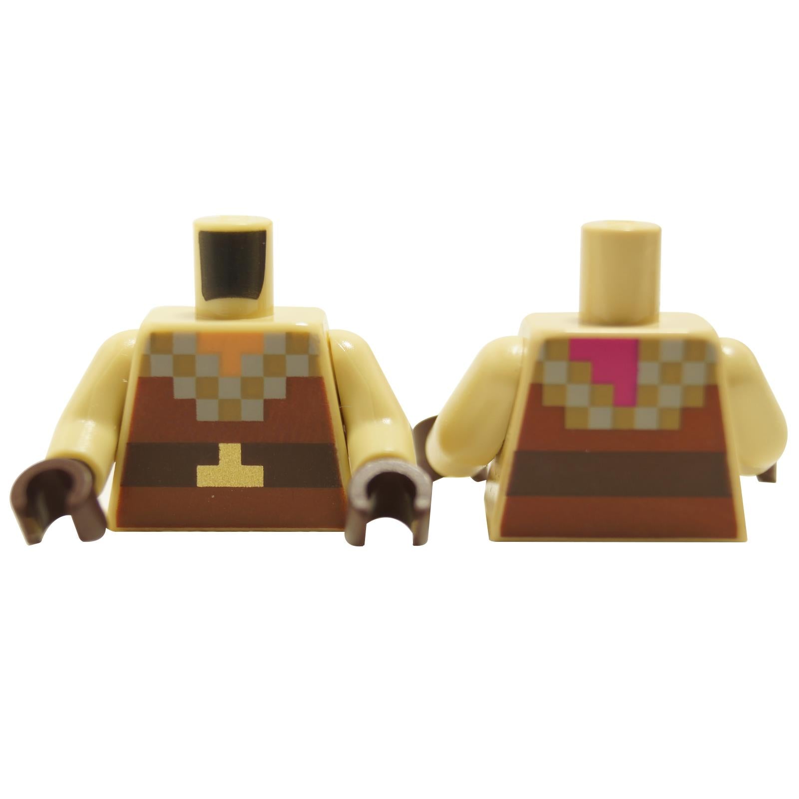 Tan minifigure torso with pixelated reddish brown shirt and gold belt print, front and back view

