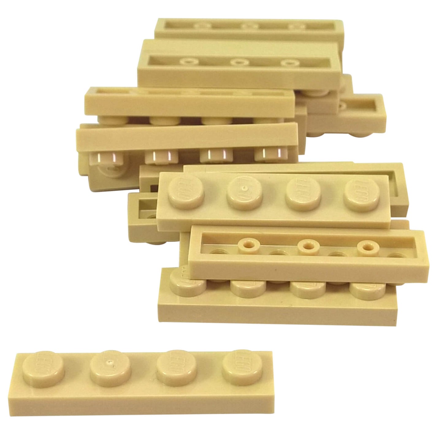 Tan 1x4 plate building piece with four studs for detailed minifigure scale builds
