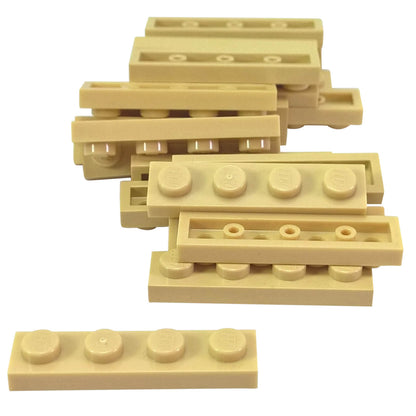 Tan 1x4 plate building piece with four studs for detailed minifigure scale builds

