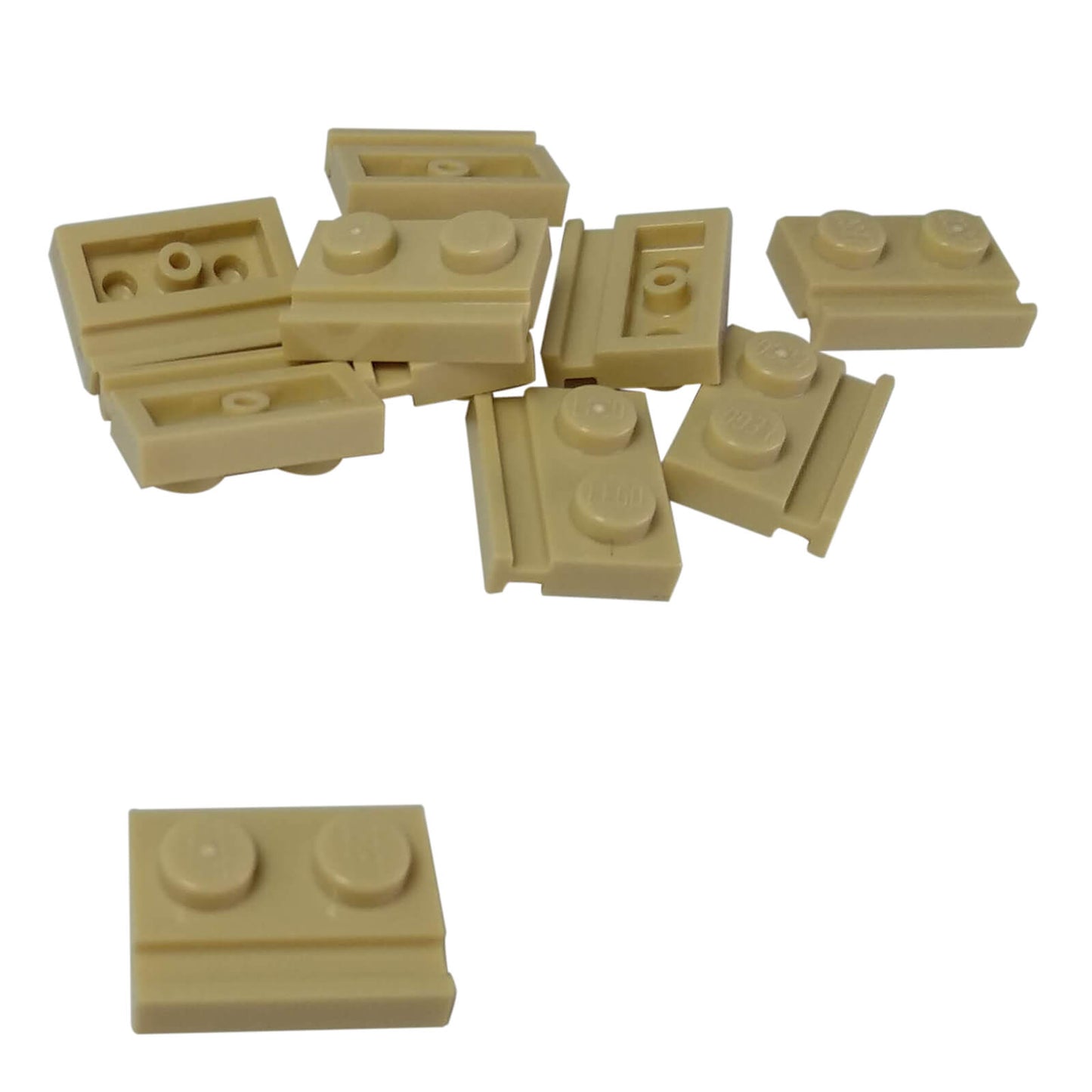 Tan modified Plate 1 x 2 with door rail for sliding doors, track guides, and compact wall builds
