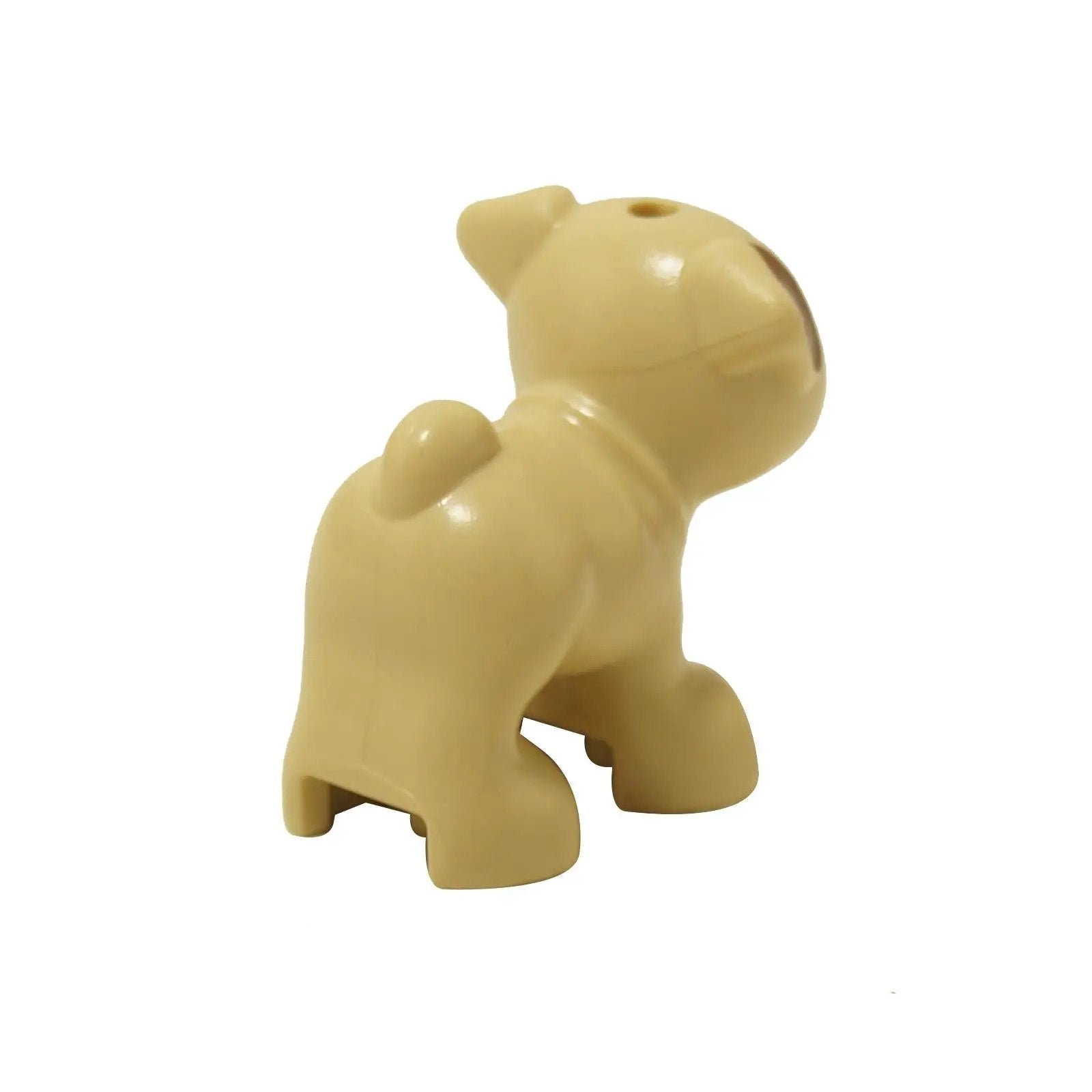 Back view of tan pug dog figure with curled tail and standing pose.
