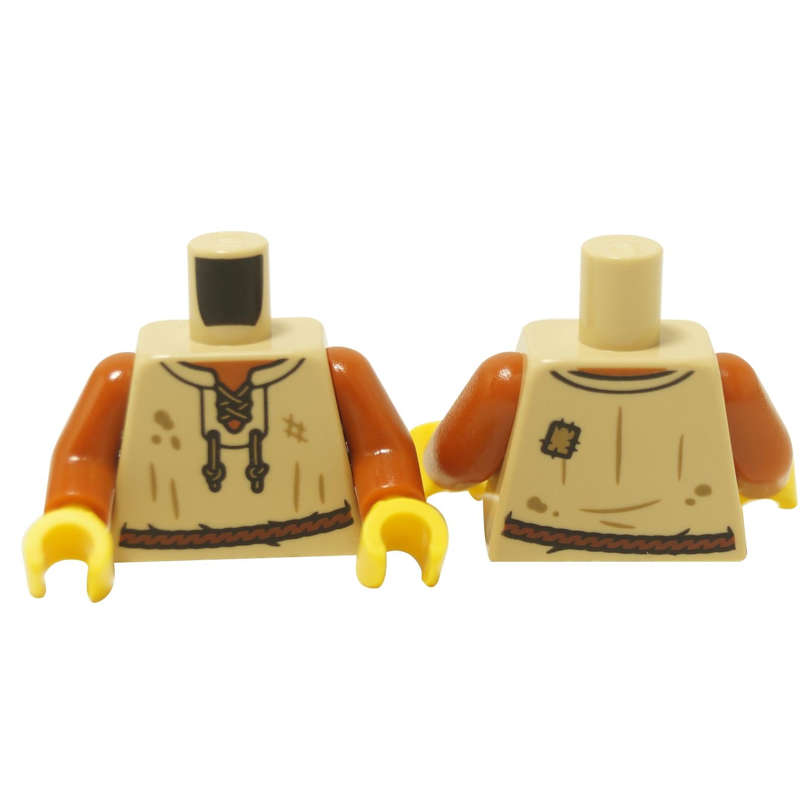Torso de minifigura Beige con impresión de chaleco, detalles de cuello y cinturón en naranja oscuro, mostrado por delante y por detrás sobre fondo blanco
