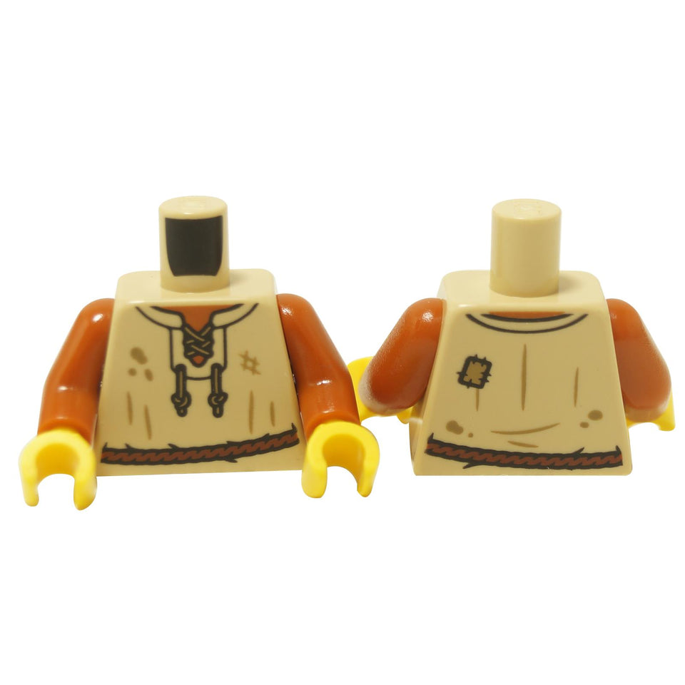 Tan minifigure torso with vest print, dark orange neck and belt details, shown front and back on white background
