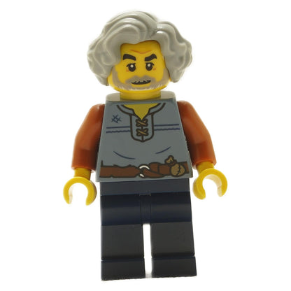 LEGO minifigure representing a tapestry weaver with a sand blue vest, dark blue legs, and light Bluish gray wavy hair, wearing a rustic medieval look with detailed belt and tools.