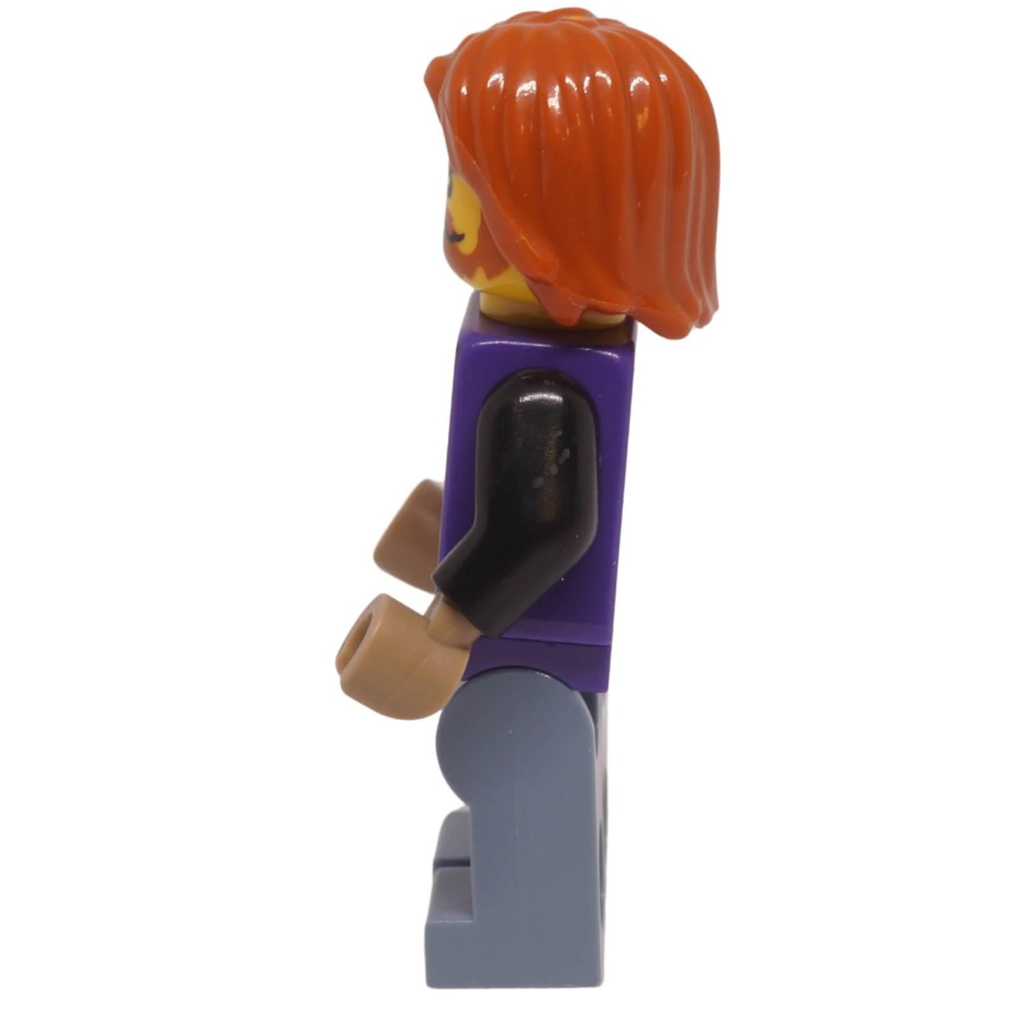 LEGO tax collector minifigure with dark purple surcoat and dark orange hair side profile