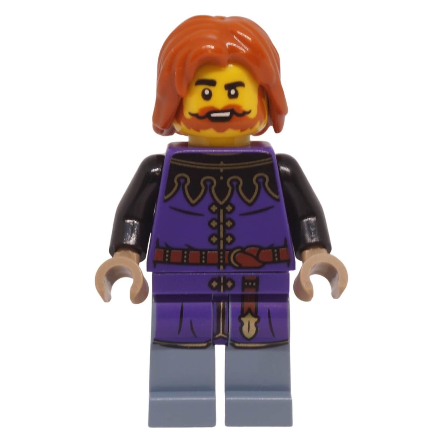 LEGO tax collector minifigure with dark purple surcoat and dark orange hair