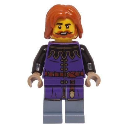 LEGO tax collector minifigure with dark purple surcoat and dark orange hair