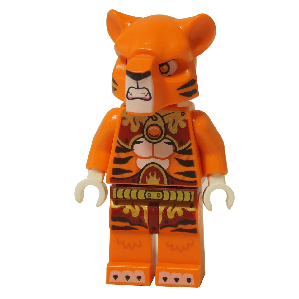 LEGO Legends of Chima Tazar minifigure (loc139), a Tiger Tribe warrior with an orange tiger helmet and printed torso armor.