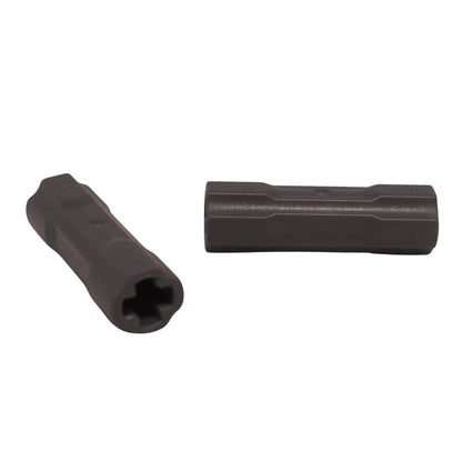 LEGO Technic Axle Connector 3L part 26287 shown from side and front angle dark bluish gray
