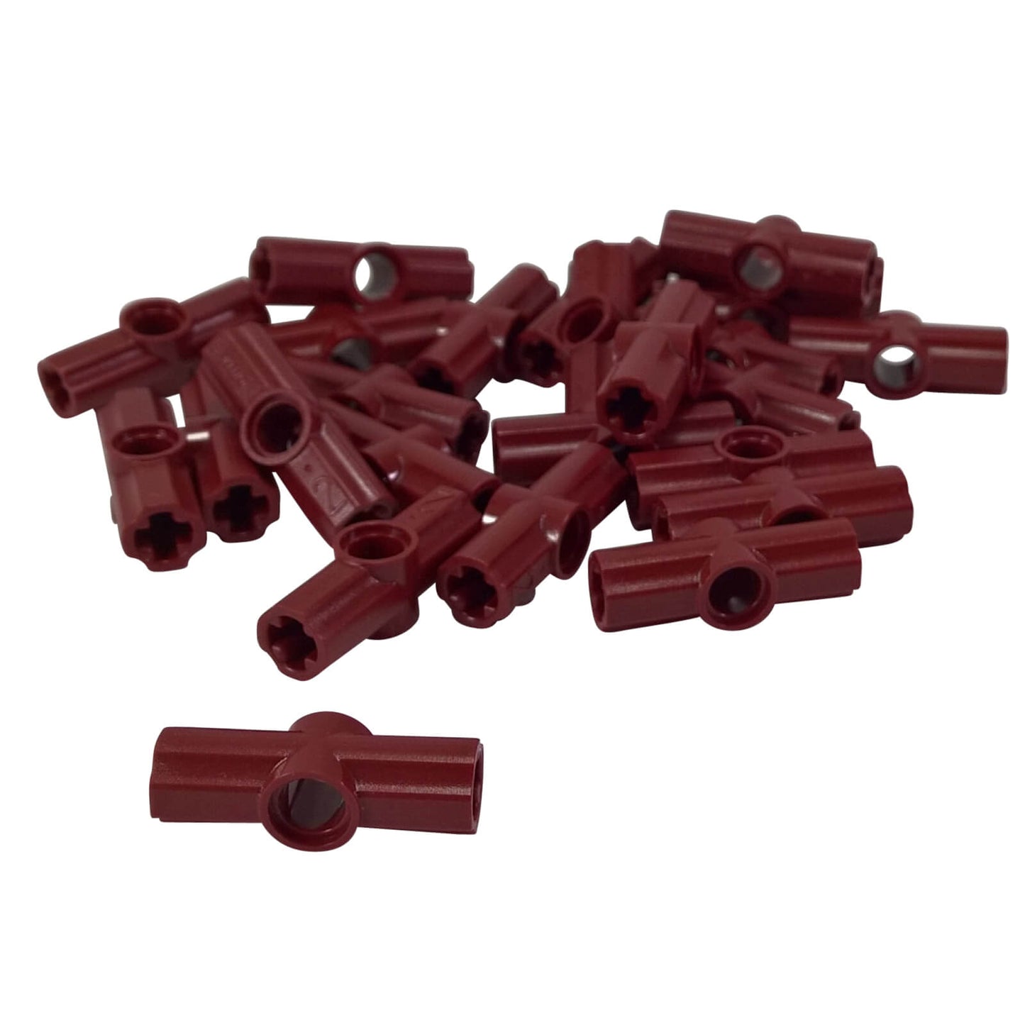 LEGO Technic axle and pin connector angled #2 with 180 degree alignment in dark red designed for connecting axles and pins in Technic builds