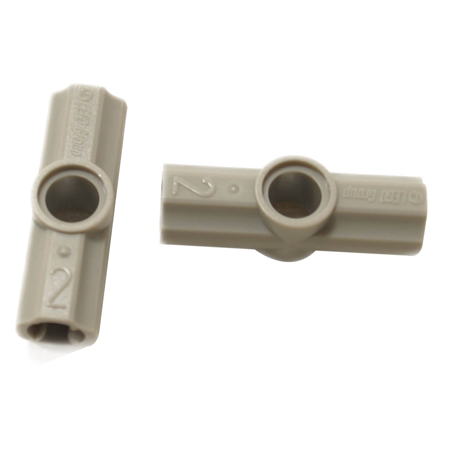 LEGO Technic axle and pin connector angled #2 with 180 degree alignment in light gray designed for connecting axles and pins in Technic builds