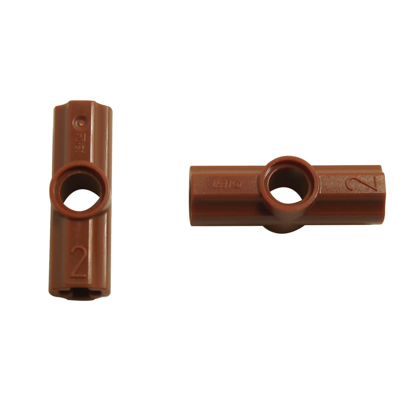 LEGO Technic axle and pin connector angled #2 with 180 degree alignment in reddish brown designed for connecting axles and pins in Technic builds