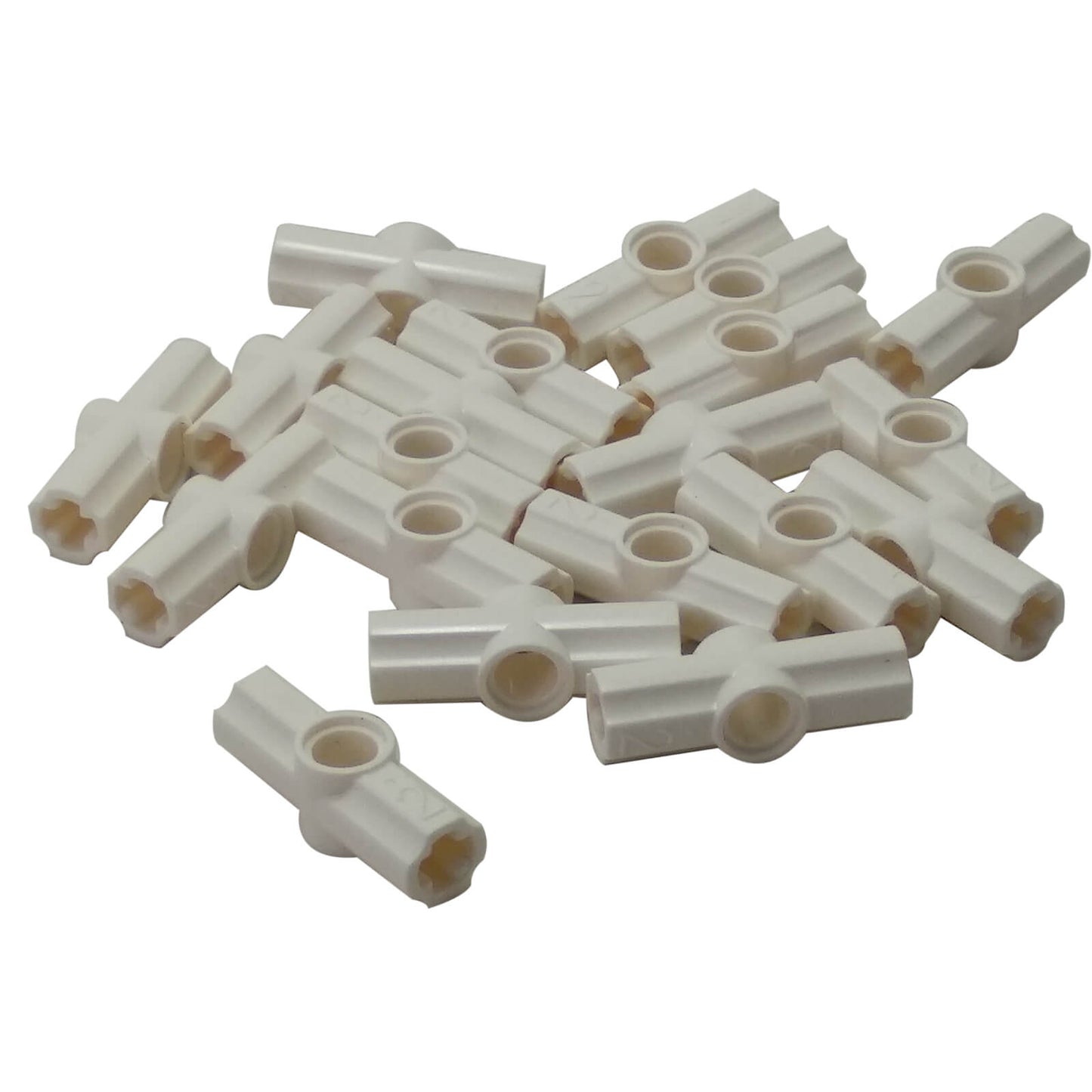 LEGO Technic axle and pin connector angled #2 with 180 degree alignment in white designed to connect axles and pins in Technic structures