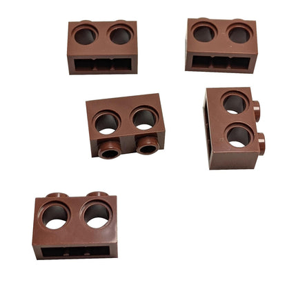 Five reddish brown Technic Brick 1 x 2 with Holes 32000.