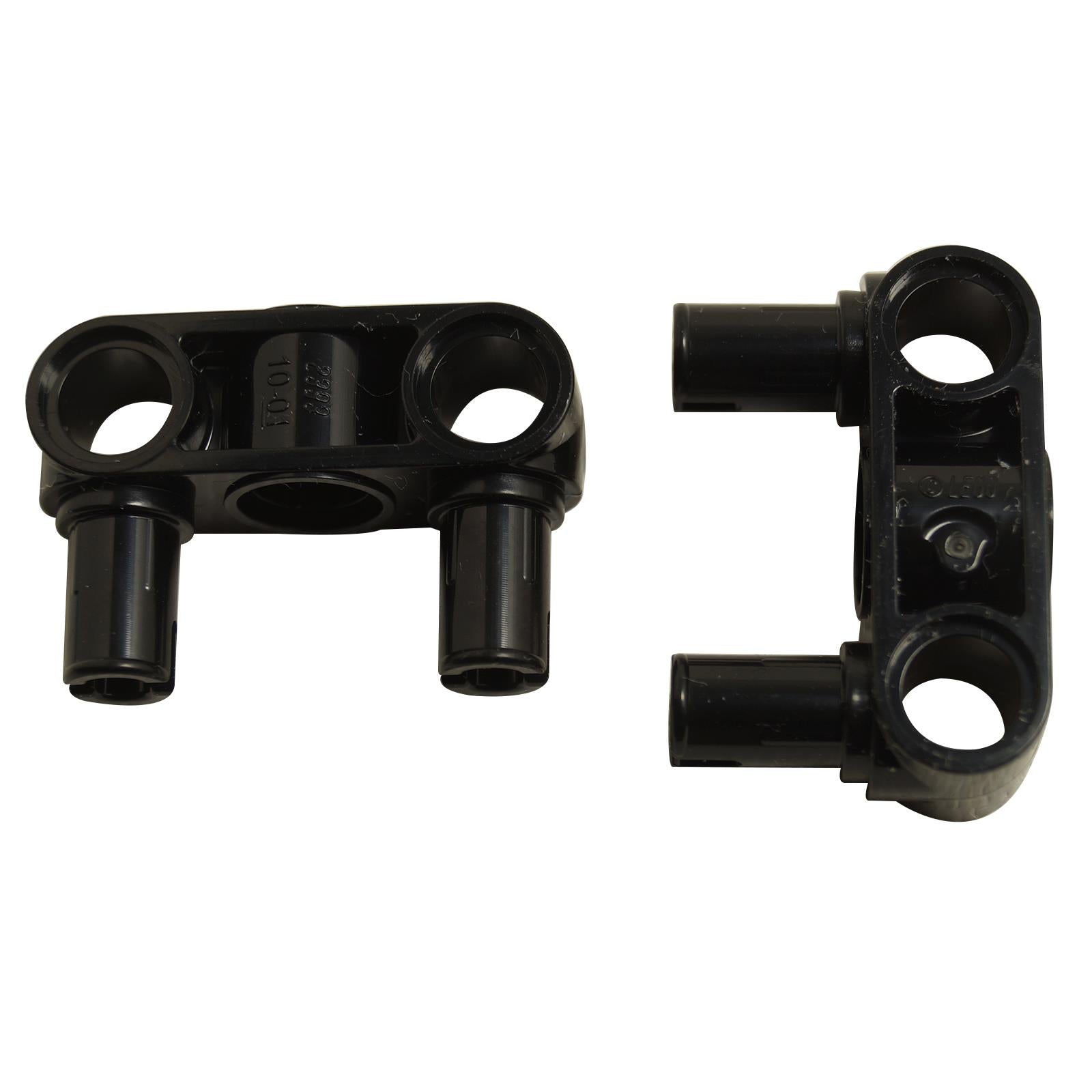 LEGO Technic Black 3L Perpendicular Pin Connector, front and side views