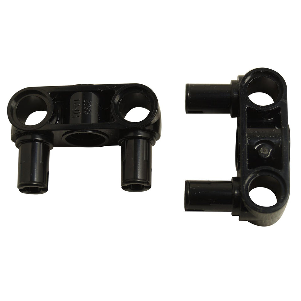 Conector LEGO Technic negro 3L perpendicular, vista frontal y lateral
