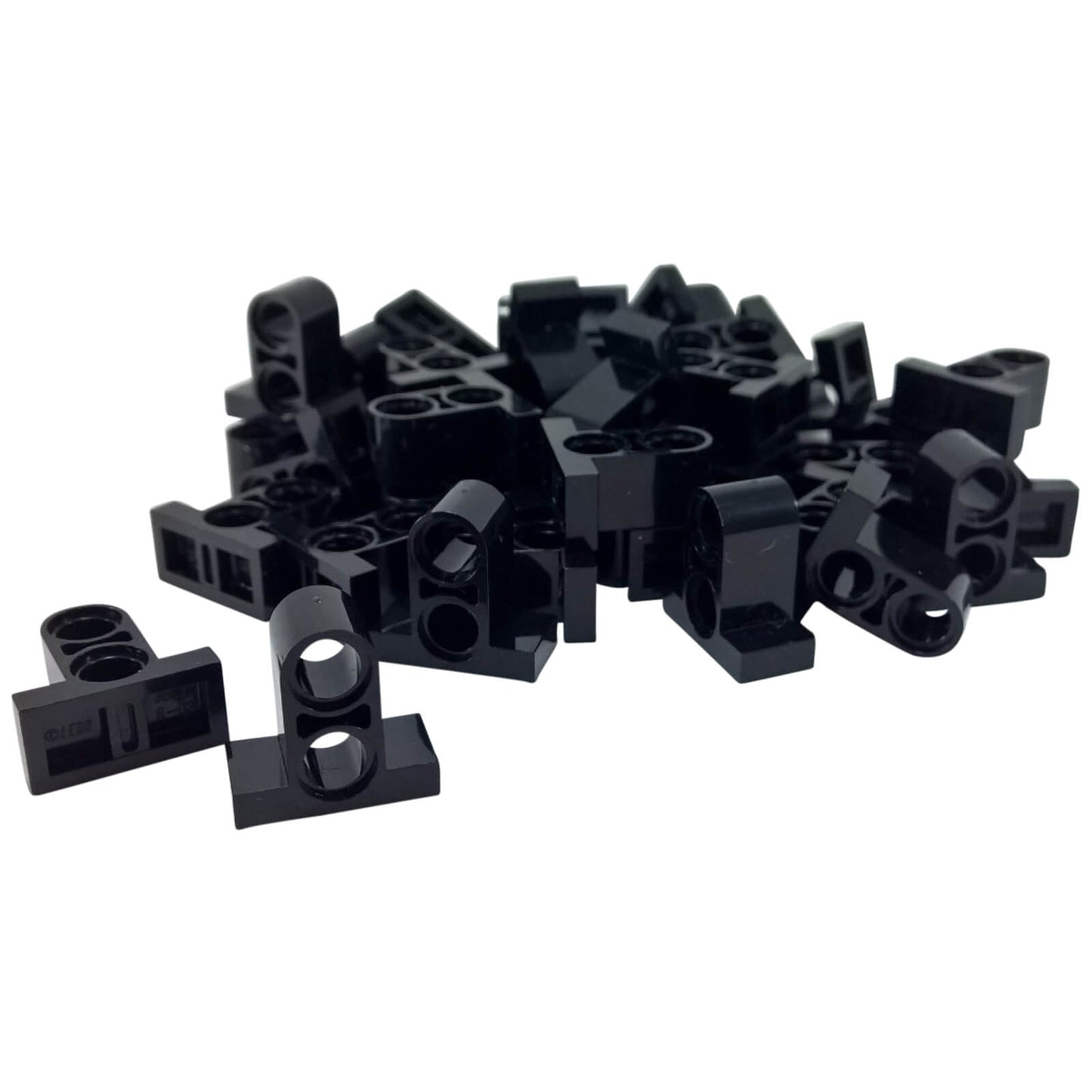 Black technic pin connector plate 1x2x1 2/3 with double top holes
