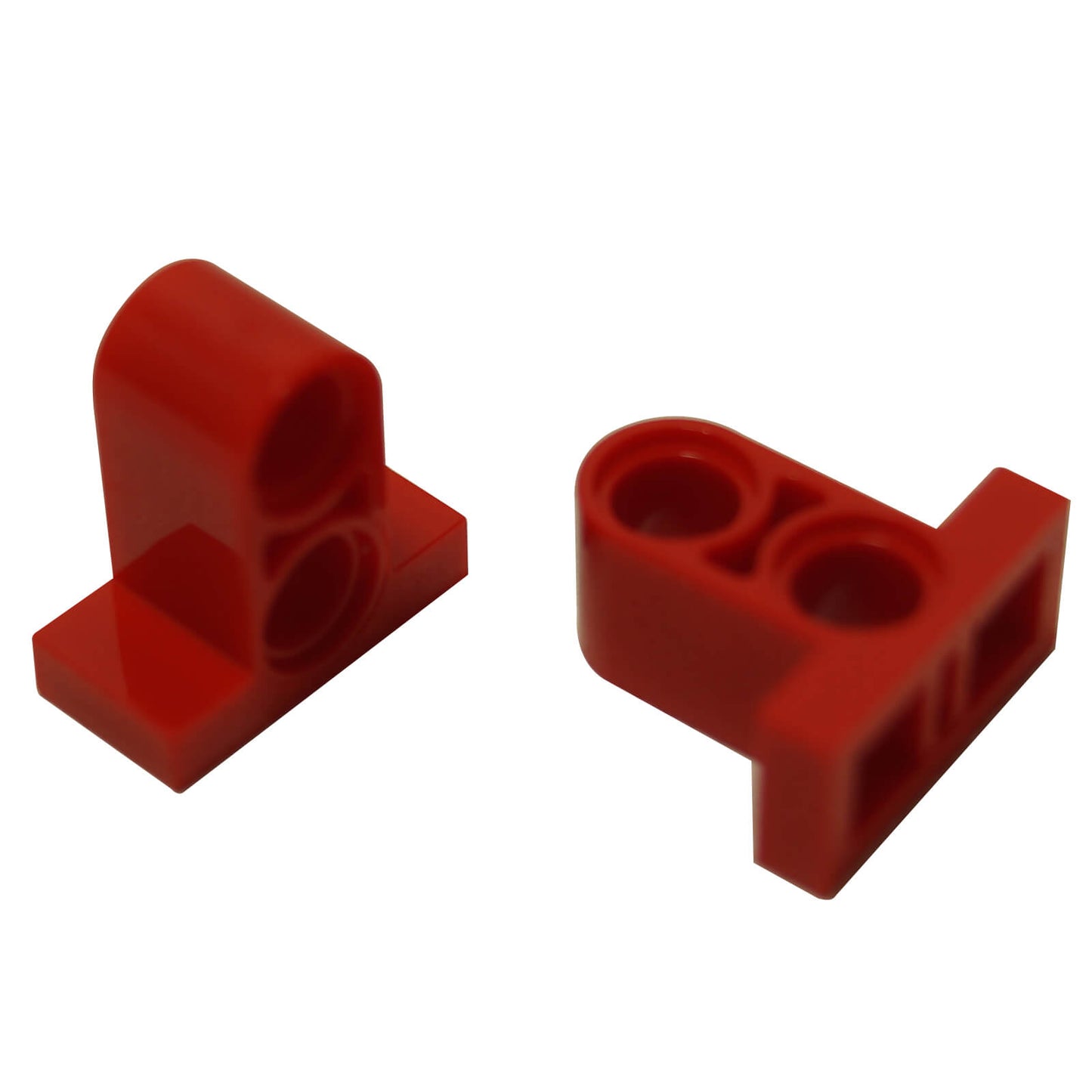 Red technic pin connector plate 1x2x1 2/3 with double top holes
